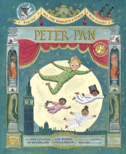 Book cover illustration of Peter Pan and children flying against a stage backdrop.