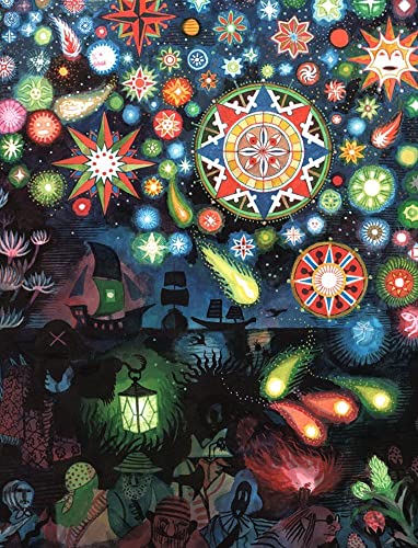 Night sky illustration with ships, a lantern, and figures below.