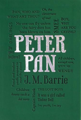 Green book cover for "Peter Pan" by J.M. Barrie with text collage.