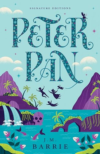 Peter Pan" book cover with illustrated landscape, flying figures, and mermaid.