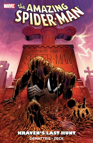 Black-suited Spider-Man emerging from a grave marked Here Lies Spider-Man in a cemetery.