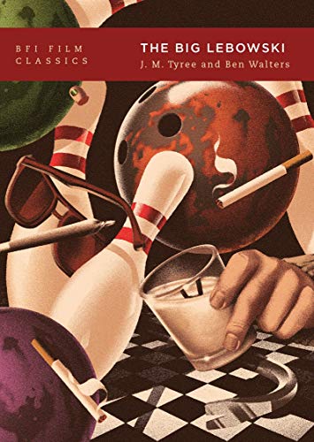 Book cover for "The Big Lebowski" featuring bowling pins, a drink, and sunglasses.