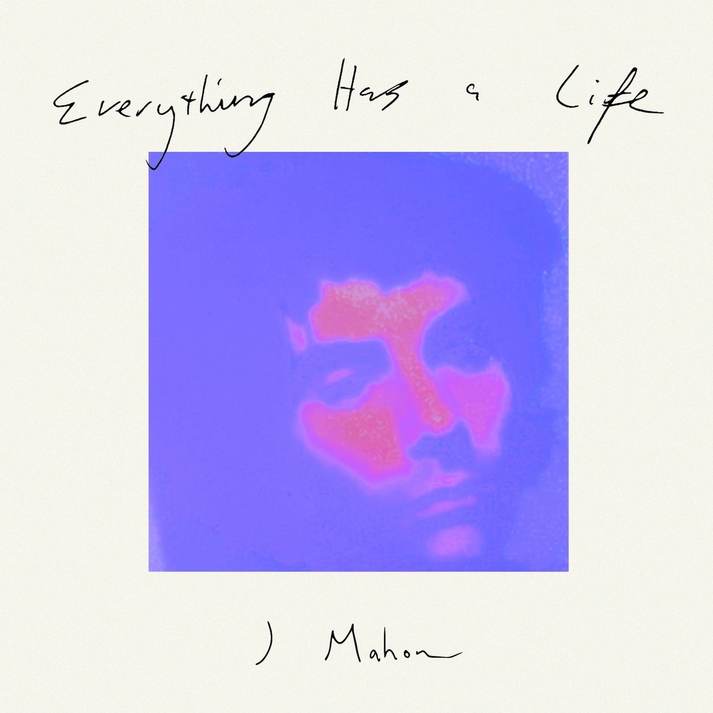 Album cover: blue square with pink, blurred floral image and handwritten text.