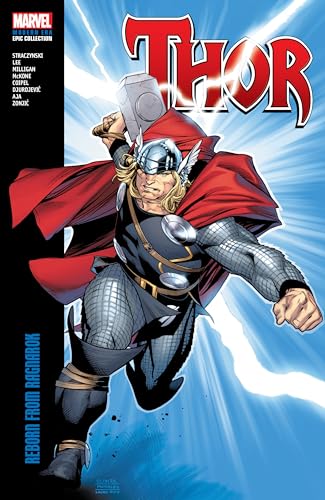 Thor, in heroic pose with hammer, on comic book cover.