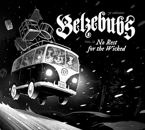 Black and white comic cover featuring a van full of horned figures.