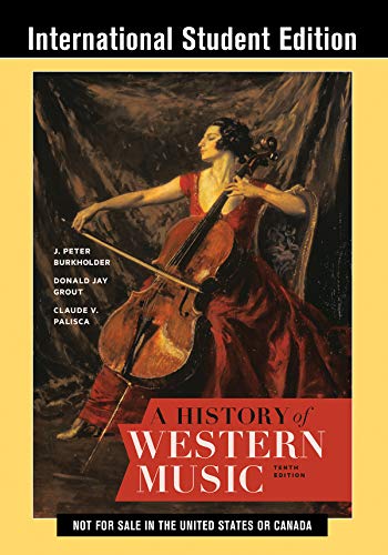 Book cover: “A History of Western Music” with a cellist portrait.