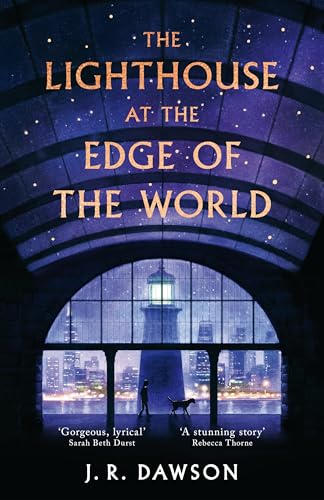Book cover: lighthouse seen through arched window, dark blue and purple tones.