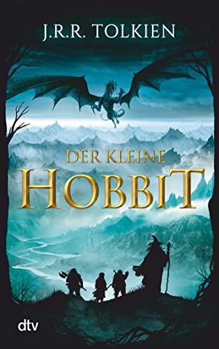 Book cover: "Der kleine Hobbit" with a dragon and silhouetted figures.