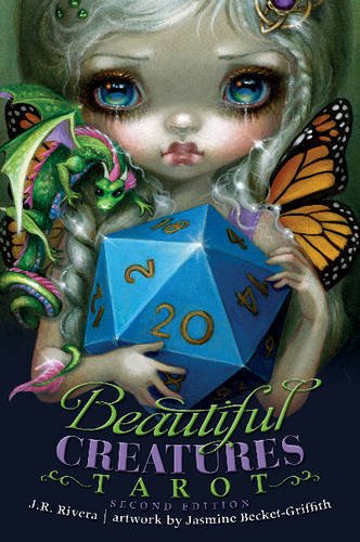 Girl with large eyes holds a blue d20, dragon, and butterfly.