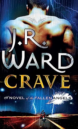 Book cover: muscular back, glowing tattoos, stormy sky, motorcycle, title "Crave" by J.R. Ward.