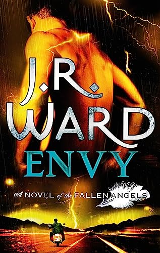 Book cover: muscular back, lightning, and title "Envy" by J.R. Ward.