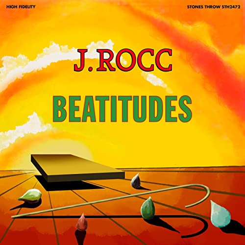 J. Rocc's "Beatitudes" vinyl album cover with surreal landscape art.