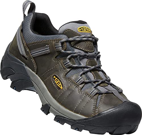 Brown and gray hiking shoe with laces, angled on a white background.