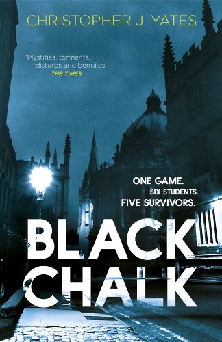 Book cover for "Black Chalk" with a gothic university building.