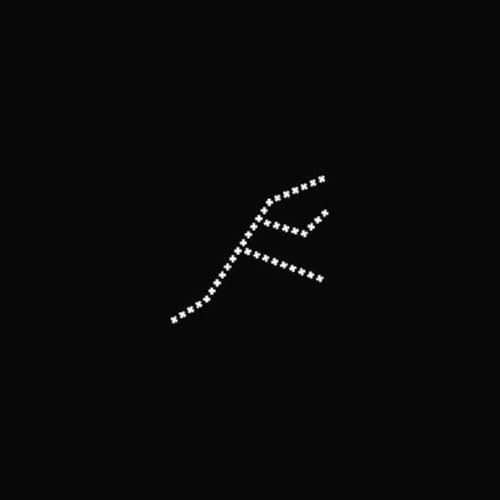 Black background with a white, abstract letter "F" made of dots.