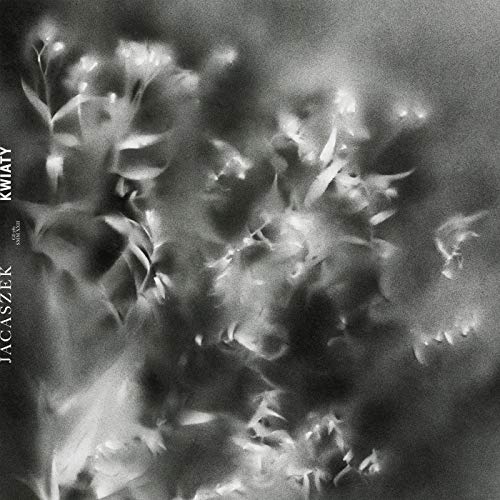 Blurred black and white image of wildflowers with the text Jacaszek KWIATY on left.