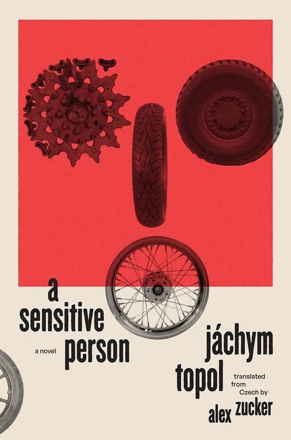 Book cover with bicycle parts and bold black text on red background.