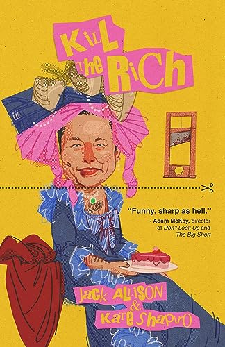 Book cover with caricature of a man, guillotine, and cake.