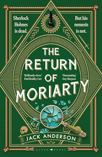 Green book cover featuring a magnifying glass and skull, titled “The Return of Moriarty.”