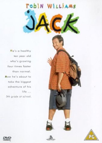 DVD cover for "Jack" featuring Robin Williams as a rapidly aging boy.