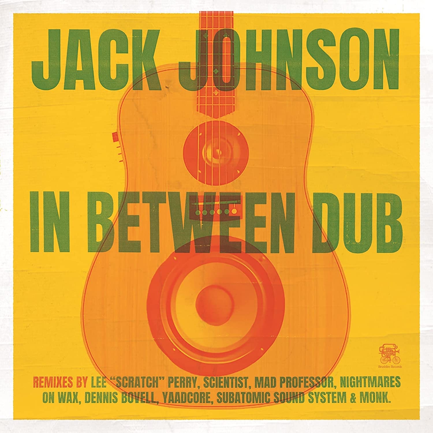 Jack Johnson "In Between Dub" CD cover with guitar and speaker illustration.