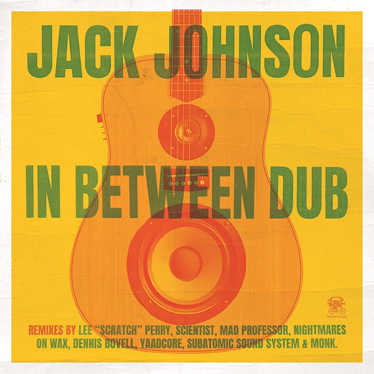 Jack Johnson "In Between Dub" CD cover with guitar and speaker illustration.