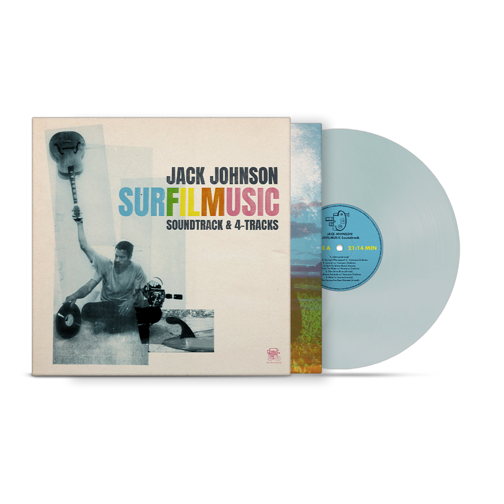 Jack Johnson “SURFILMUSIC” vinyl record with blue and white swirl pattern.