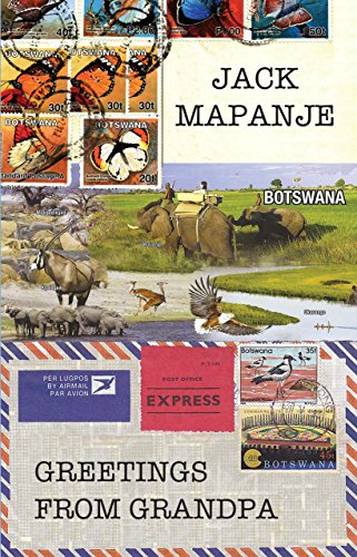 Postcard collage featuring Botswana wildlife, postage stamps, and text: "Greetings from Grandpa".