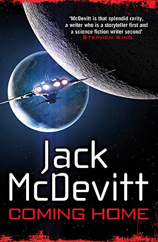 Book cover: spaceship flying near a planet and moon, dark background.