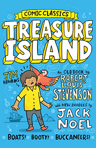 Treasure Island" book cover with illustrated boy, parrot, and ship.