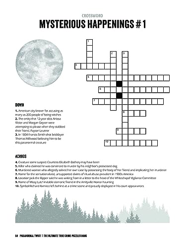Crossword puzzle page from "The True Crime Puzzle Book" with moon and trees.