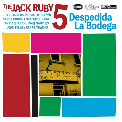 Album cover with text, colorful geometric shapes, and a central photo of La Bodega.
