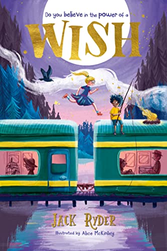 Book cover illustration showing a girl jumping between two train cars under a moon.