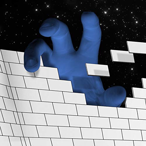 Blue hand breaking through a white brick wall against a starry sky.