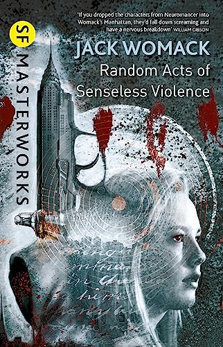 Book cover featuring a skyscraper, a handgun, and a woman's face with red splatters.
