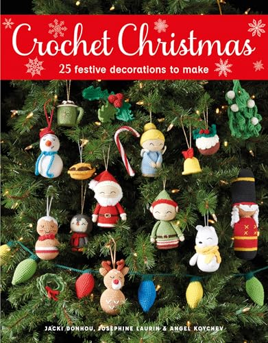 Book cover titled Crochet Christmas showing various crocheted ornaments hanging on a Christmas tree.