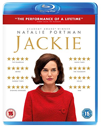 Blu-ray cover for "Jackie" featuring Natalie Portman in a red coat.