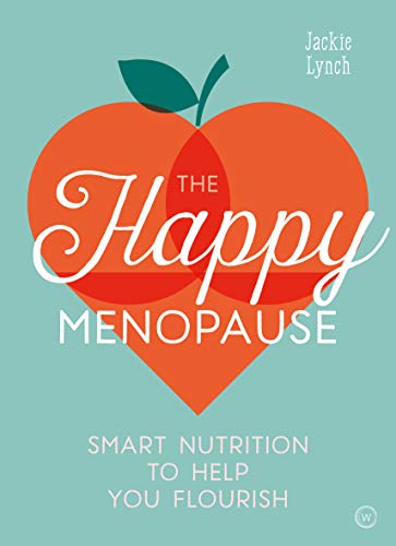 Book cover with orange heart-shaped fruit and cursive title "The Happy Menopause".