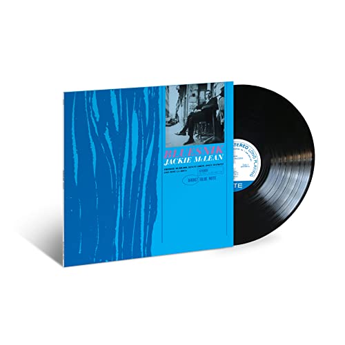 Blue vinyl record sleeve with black vinyl protruding, featuring a black and white photo.