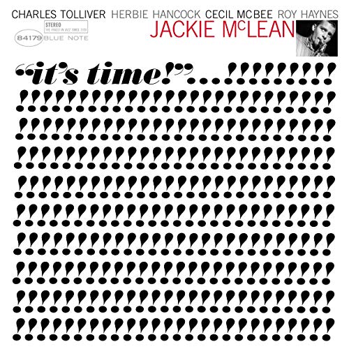 Jackie McLean’s “It’s Time” vinyl album cover with abstract black dot pattern.