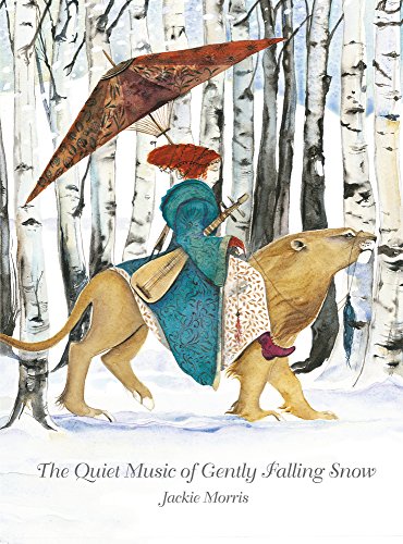 Watercolor illustration of a person riding a lion through a snowy birch forest.