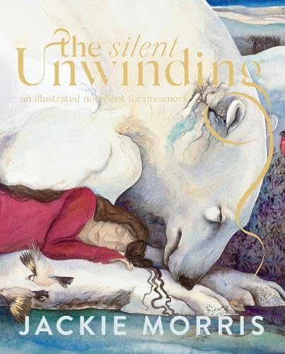 Book cover: woman resting with a large, white horse in a dreamscape.