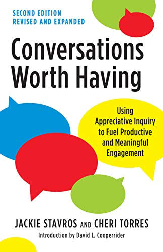 Book cover with colorful speech bubbles and bold text: “Conversations Worth Having.”
