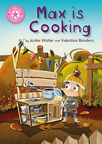 Book cover: boy by outdoor kitchen, titled “Max is Cooking.”