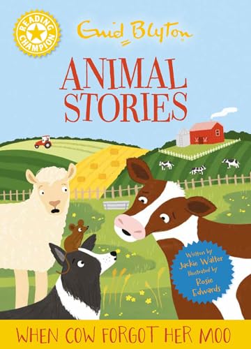 Book cover with a cow, sheep, dog, and farm landscape.