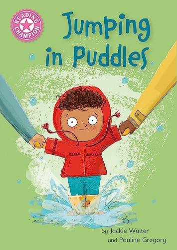 Book cover: child in red coat jumping in puddles with an adult.