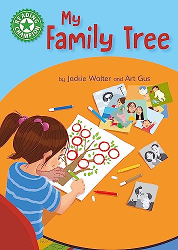Book cover: girl drawing a family tree with photos and crayons.