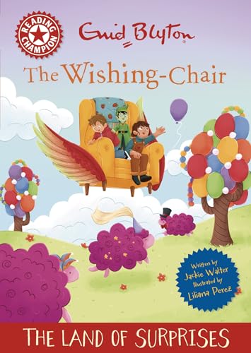 Book cover: children on a flying chair in a colorful landscape.