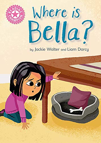 Book cover: girl looking under table, dog bed with bone.