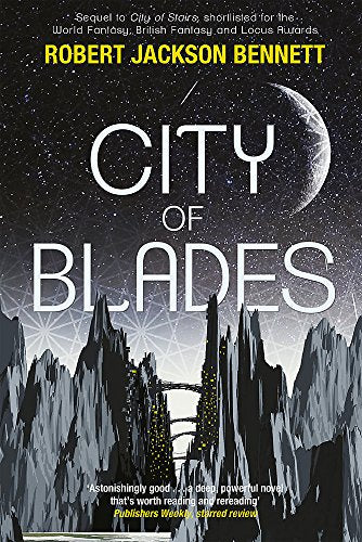 Book cover for City of Blades featuring jagged mountains and a glowing crescent moon.